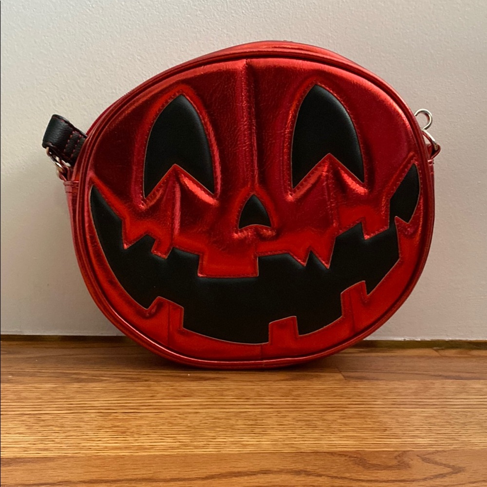 Love, Pain, and Stitches, Pumpkin Cult, Small Crossbody purse. Red Pumpkin Face